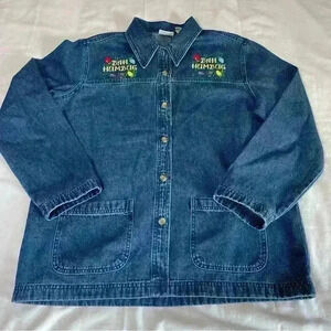 Classic Elements Denim Shirt Shacket Christmas Embroidered Size Medium Holiday
